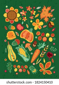 Hand drawn vector illustration with summer and autumn harvest set with vegetables, fruits and leaves on textured background for poster, invitation, card, celebration, advertising, message, template