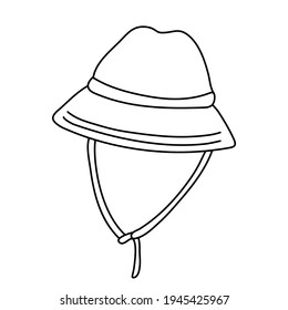 Dibujo a mano vectorial ilustración de un sombrero de sol turístico de verano en estilo doodle sobre fondo blanco. Esquema negro aislado. Equipo de camping y senderismo.