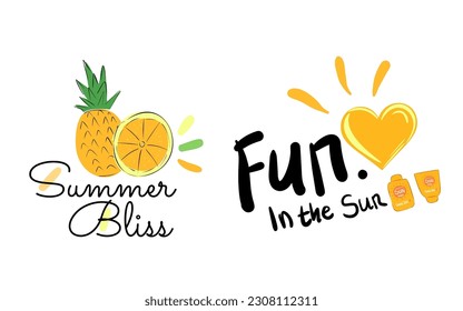 hand drawn vector illustration summer themed labels, logos, and tags, perfect for your vacation, beach, and sun inspired projects. Tropical vibes and fun elements enhance your designs.