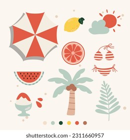 hand drawn vector illustration of summer holiday vibe sticker pack. Cute vacation elements doodle