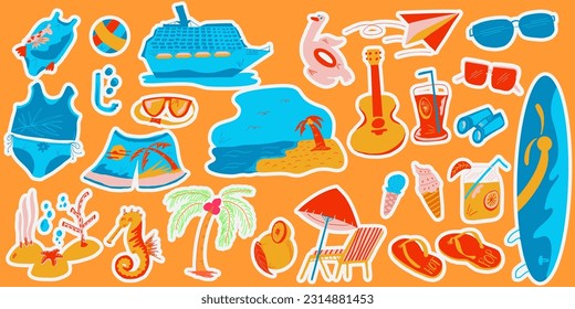 hand drawn vector illustration summer themed labels, logos, and tags, perfect for your vacation, beach, and sun inspired projects. Tropical vibes and fun elements enhance your designs.