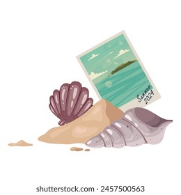 Hand drawn vector illustration of summer holiday picture, shell and scallop. Photo in a heap of sand. Seascape drawing