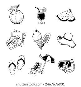 Ilustración vectorial dibujada a mano del objeto de las vibraciones del verano. Colección de elementos de iconos de verano. Icono de coco, helado y vacaciones de verano.