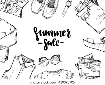 Hand drawn vector illustration - Summer sale. Set of fashion accessories. Isolated elements on white background