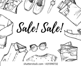 Hand drawn vector illustration - Summer sale. Set of fashion accessories. Isolated elements on white background