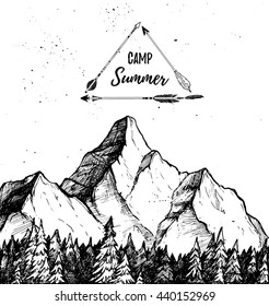 Hand drawn vector illustration - Summer camp. Mountain and forest. Landscape nature