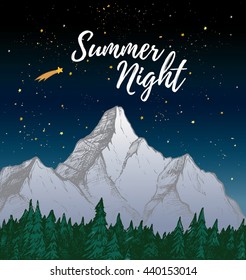 Hand drawn vector illustration - Summer night. Mountain, forest and Starry sky. 