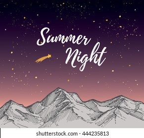 Hand drawn vector illustration - Summer night with Starry sky. Landscape nature.