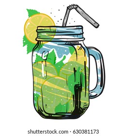 Hand drawn vector illustration of summer fresh cocktail with lemon and mint. Isolated on the white background.