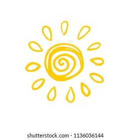 Hand drawn vector illustration of sun icon. Logo or business sign design. Yellow symbol isolated on white background
