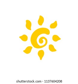 Hand drawn vector illustration of sun icon. Logo or business sign design. Yellow symbol isolated on white background