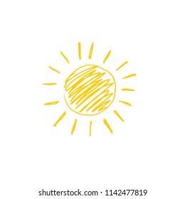 Hand drawn vector illustration of sun icon. Logo or business sign design. Yellow symbol isolated on white background