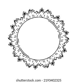 Hand drawn vector illustration of sun in black outline.