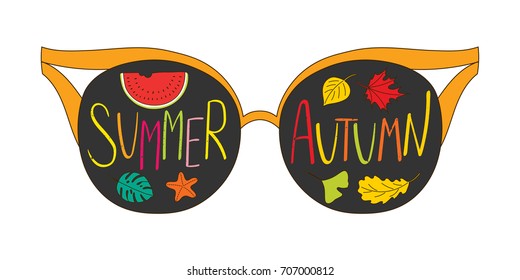 Hand drawn vector illustration of sun glasses, with text Summer Autumn, watermelon, starfish, leaves inside the lenses. Isolated objects on white background. Design concept for change of seasons.