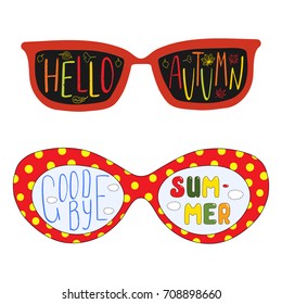 Hand drawn vector illustration of sun glasses, with text Goodbye Summer, Hello Autumn written inside the lenses. Isolated objects on white background. Design concept for change of seasons.