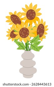 Hand drawn vector illustration of a sunflower bouquet in a ceramic vase. Concept of summer bloom, floral decoration and natural beauty in home interior