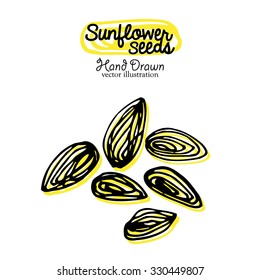 Hand drawn vector illustration of sunflower seeds. Elements for design of posters, cards, textiles, recipes, cafe menu.