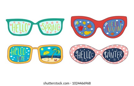 Hand drawn vector illustration of sunglasses with four seasons elements reflected inside the lenses. Isolated objects on white background. Design concept for change of seasons.