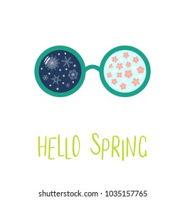 Hand drawn vector illustration of sunglasses with snowflakes, cherry blossoms reflected inside the lenses, text Hello Spring. Isolated objects on white background. Design concept for change of seasons