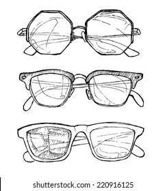 Hand drawn vector illustration - sunglasses. Line art. Summer time.Ink. Feather.