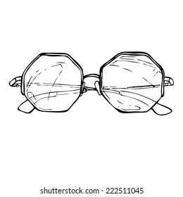 Hand drawn vector illustration - sunglasses. Line art. Summer time.Ink. Feather.