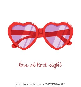 Hand drawn vector illustration of sunglasses in heart shaped frames. Romantic sketch in color for valentine's day. 