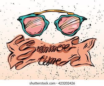 Hand drawn vector illustration of sunglasses  isolated on light background with ribbon and Summer time written on it.Lettering summer typography.