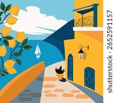 Hand drawn vector illustration of a sunny summer day in Italy with lemon trees. Vintage travel poster design. Perfect for wall art, decor, tourism, and Mediterranean-themed projects.