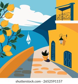 Ilustração vetorial desenhada à mão de um dia ensolarado de verão na Itália com limoeiros. Design de cartaz de viagem vintage. Perfeito para arte de parede, decoração, turismo e projetos com tema mediterrâneo.