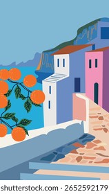 Ilustração vetorial desenhada à mão de um dia ensolarado de verão na Itália com laranjas. Design de cartaz de viagem vintage. Perfeito para arte de parede, decoração, turismo e projetos com tema mediterrâneo.