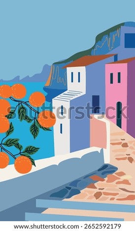 Hand drawn vector illustration of a sunny summer day in Italy with oranges trees. Vintage travel poster design. Perfect for wall art, decor, tourism, and Mediterranean-themed projects.