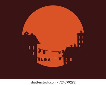 Hand drawn vector illustration of sunset town