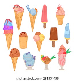 Hand drawn vector illustration - Super set of ice cream. Sweet desserts