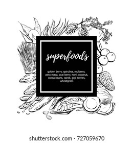 Hand drawn vector illustration Superfoods. Black sketchy doodle objects in square composition with black label and place for your text. Card, poster, banner, label design with place for your text.