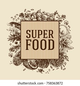 Hand drawn vector illustration superfoods. Sketch style drawing. Goji berries, acai, stevia, coconut, guarana, kerob, chia seeds. 