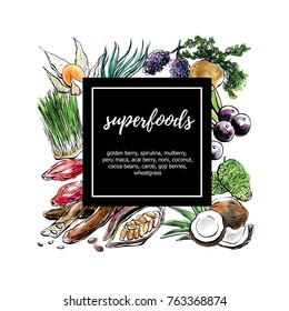 Hand drawn vector illustration Superfoods. Elements in square composition with black label and place for your text. Card, poster, banner, label design. Isolated black outline and colorful texture.