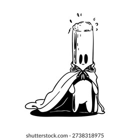 Hand drawn vector illustration of a superhero tampon in a cape, feminine hygiene product, line art on a white background