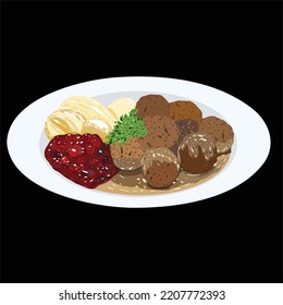 Hand drawn vector illustration of Swedish meatballs with boiled potatoes, brown cream sauce,  lingonberry jam, parsley isolated on black background.