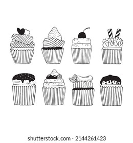 Hand drawn vector illustration of sweet cup cake collection in doodle art style on white background