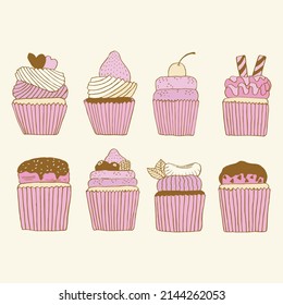 Hand drawn vector illustration of sweet pink cupcake collection in doodle art style