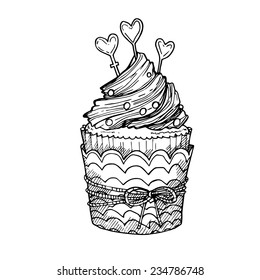 Hand drawn vector illustration - Sweet cupcake with love. St. Valentines Day