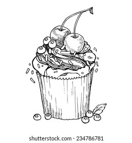Hand drawn vector illustration - Sweet cupcake with cherry and blueberry