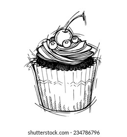 Hand drawn vector illustration - Sweet cupcake with cherry and blueberry. St. Valentines Day