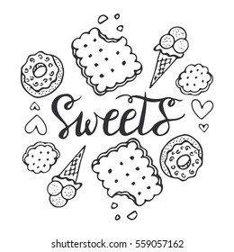 Hand drawn vector illustration with sweet cakes, donuts, ice cream and hearts. Doodle sweet elements, set of tasty icons. Design for t-shirt and prints. 