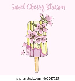 Hand drawn vector illustration of sweet dessert ice cream with cherry blossom flowers. Sweet cherry blossom