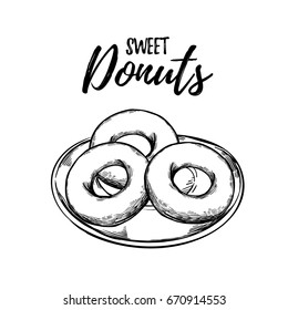 Hand drawn vector illustration - Sweet Donuts on a plate. Design elements in sketch style. Perfect for prints, cards, menu, vinyl stickers etc