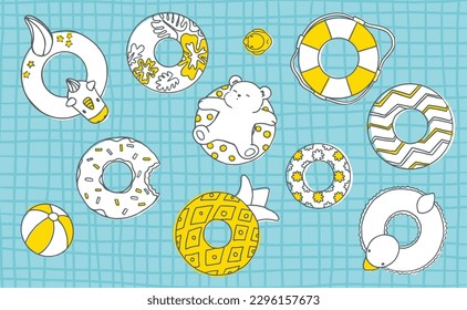 Hand drawn vector illustration of swimming pool with colourful floats. Bear on float. Kids inflatable toy ring, duck, donut, unicorn, and beach ball. Summer party.