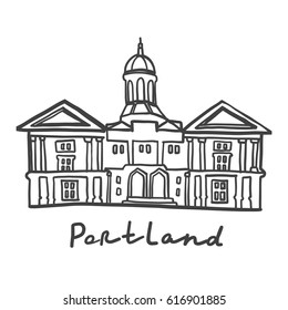 Hand drawn vector illustration with a symbol of Portland city, Oregon. Famous Portland building in lineart style.
