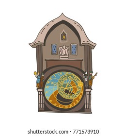 Hand drawn vector illustration symbol of Prague - Orloj clock on old town square. Full color drawing, icon, isolated image