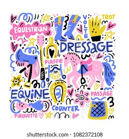 Hand drawn vector illustration with symbols of dressage. Horse riding concept.